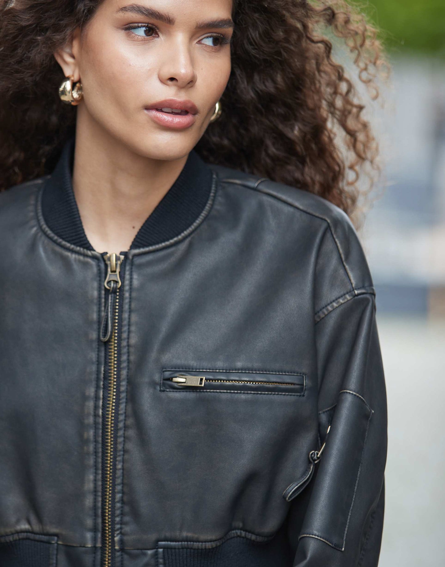 Washed Cropped Leather Look Bomber Jacket