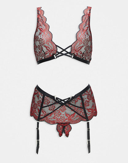 Valentines Brooke Floral Lace Crotchless Set