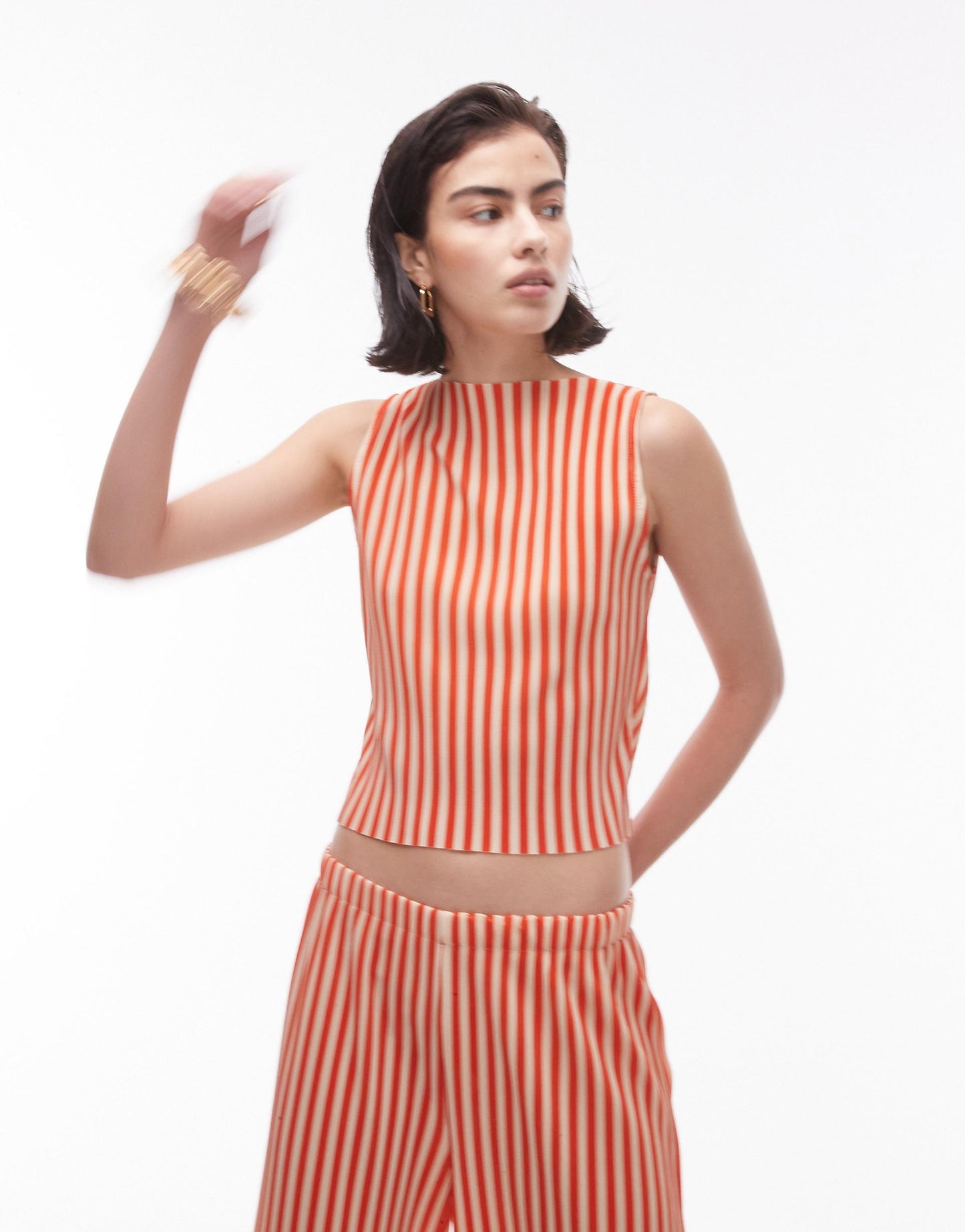 Co Ord Plisse Stripe High Neck Top