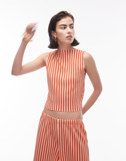 Co Ord Plisse Stripe High Neck Top