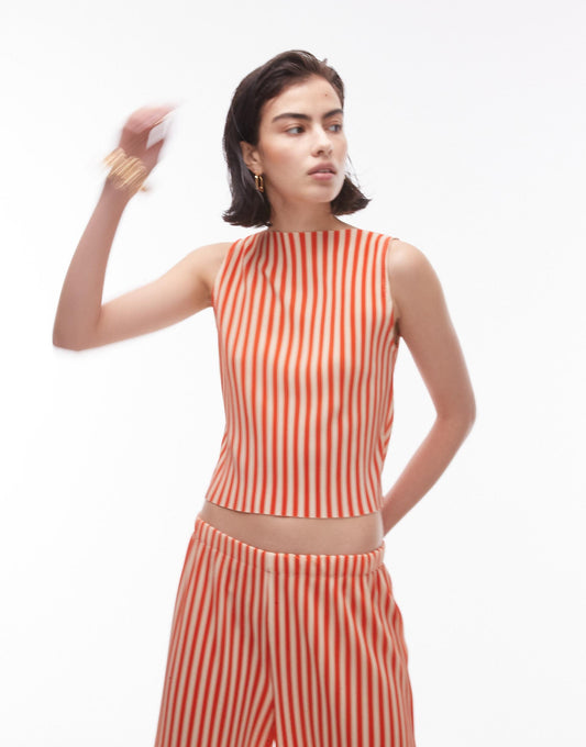 Co Ord Plisse Stripe High Neck Top