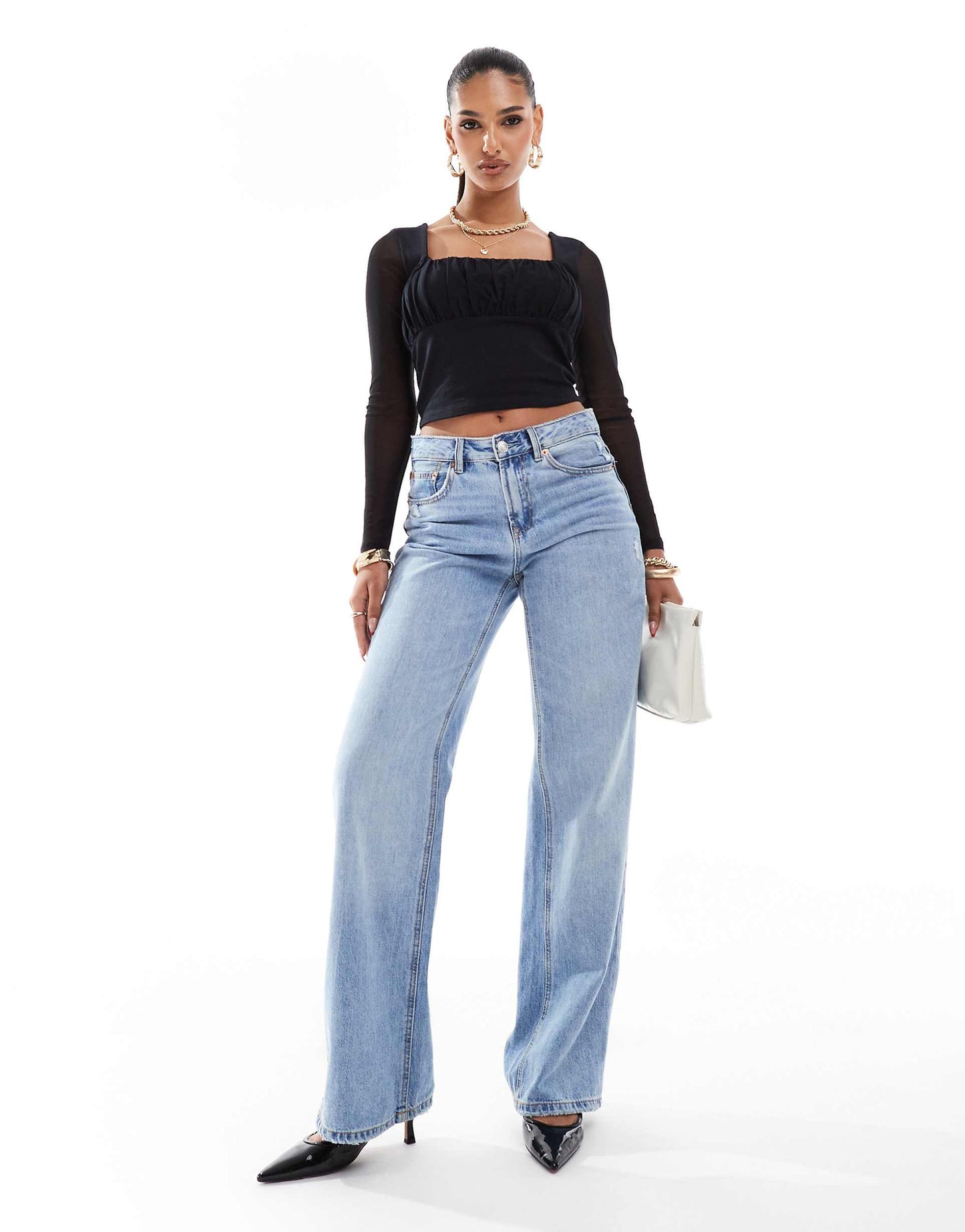 Square Neck Top With Mesh Sleeve