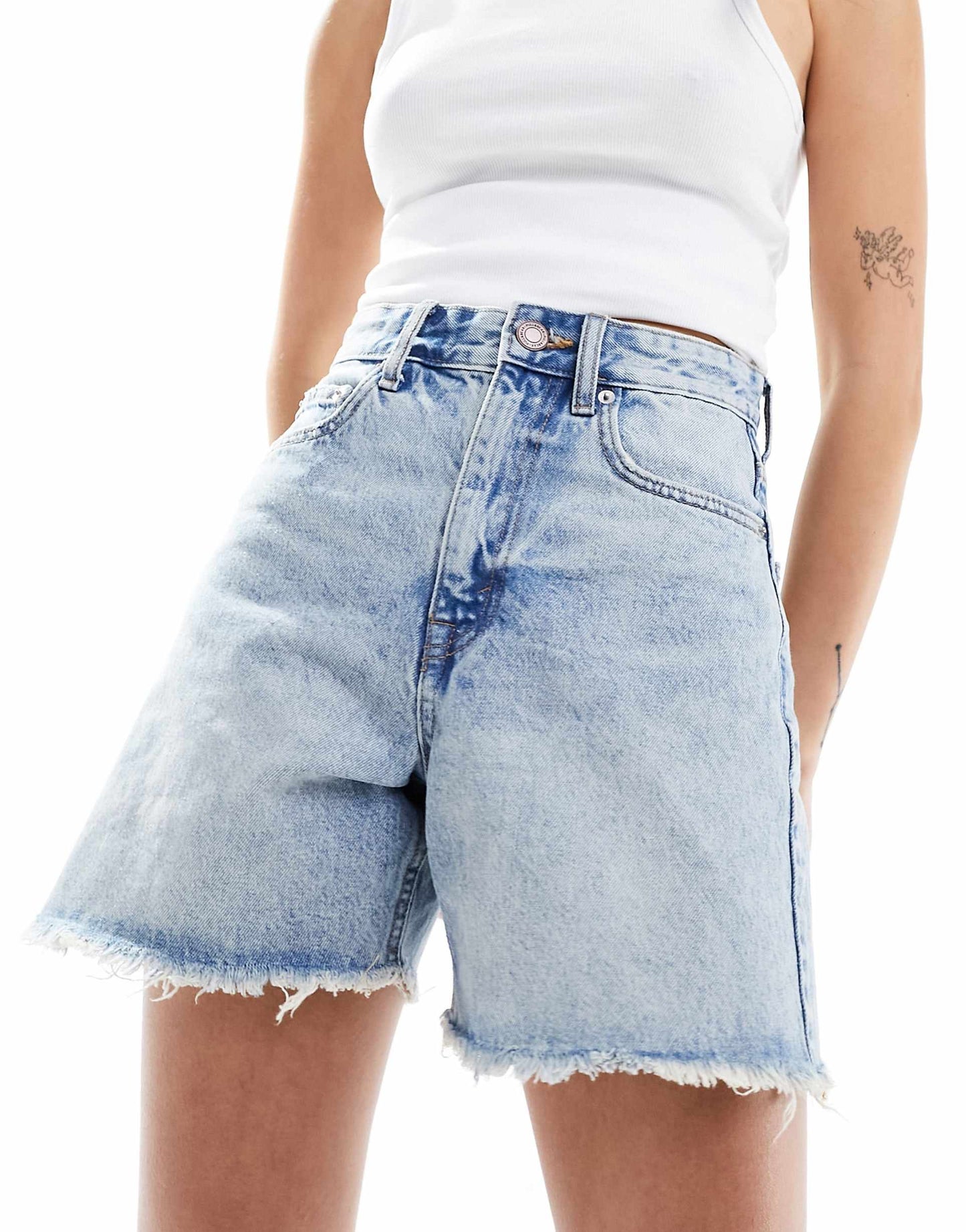 High Waisted Raw Hem Longline Denim Shorts