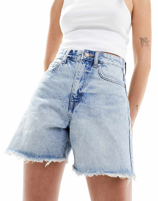 High Waisted Raw Hem Longline Denim Shorts
