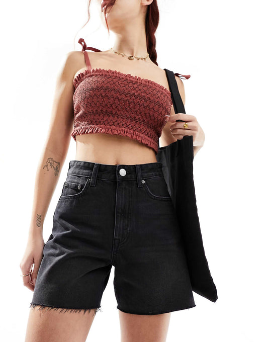 High Waisted Raw Hem Longline Denim Shorts