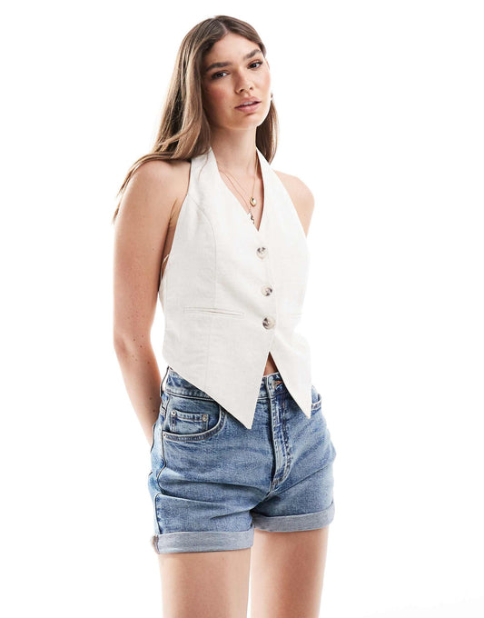 Linen Look Waistcoat With Tie Detail