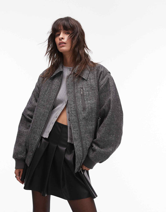 Wool Blend Herringbone Oversized Bomber Jacket