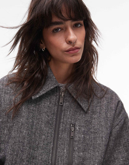 Wool Blend Herringbone Oversized Bomber Jacket
