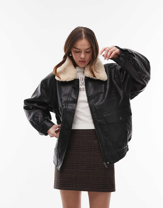 Bubble Faux Leather Jacket With Detachable Borg Collar