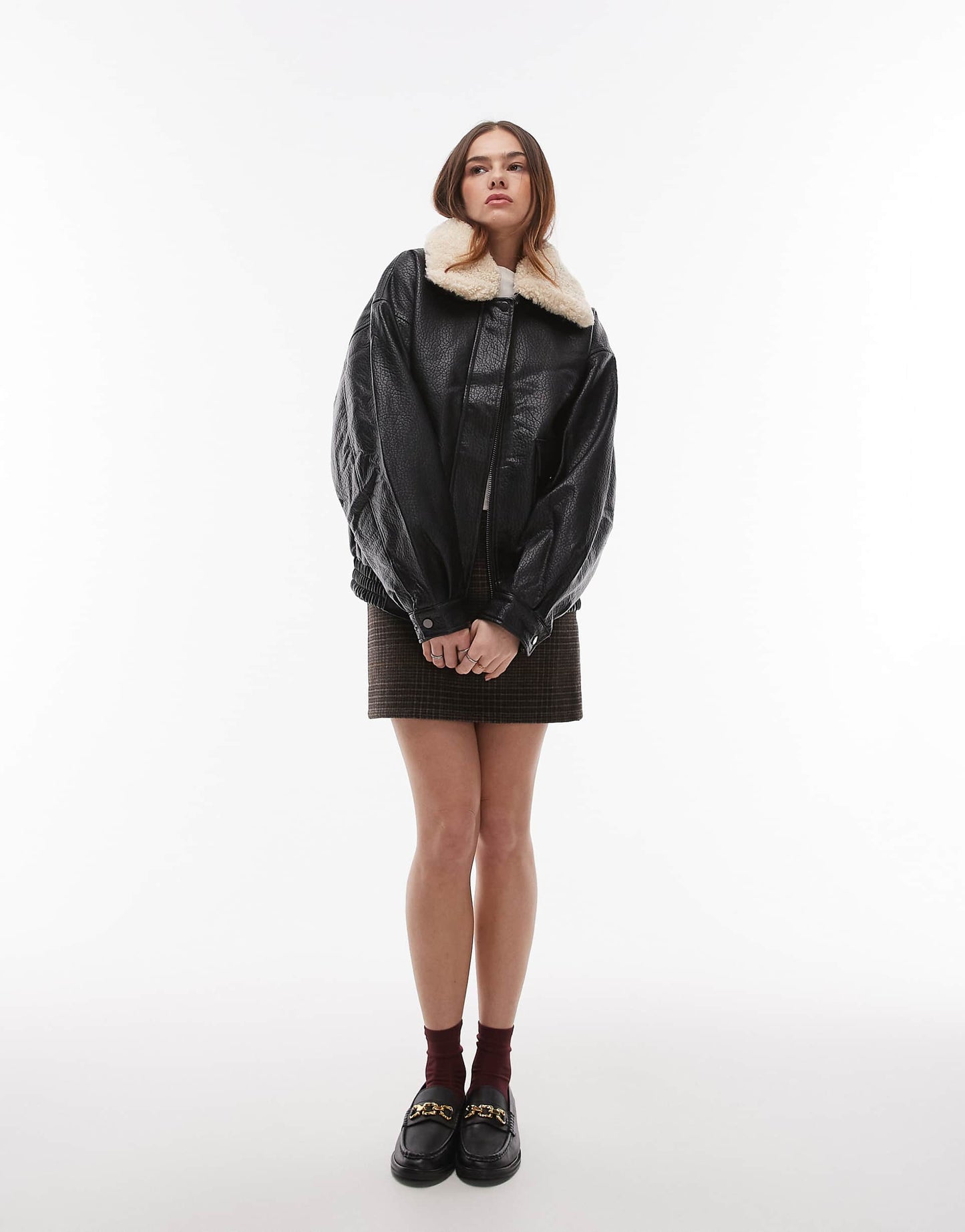 Bubble Faux Leather Jacket With Detachable Borg Collar