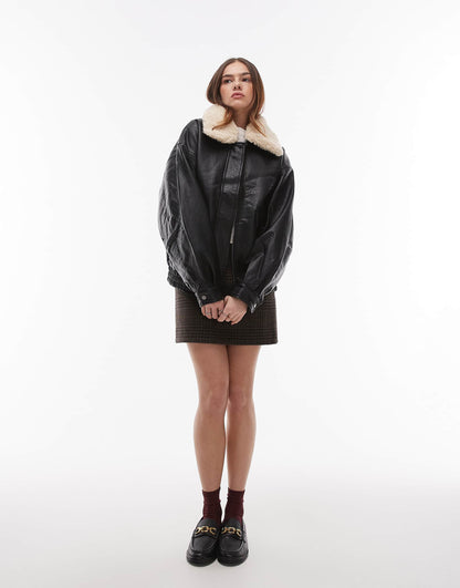 Bubble Faux Leather Jacket With Detachable Borg Collar