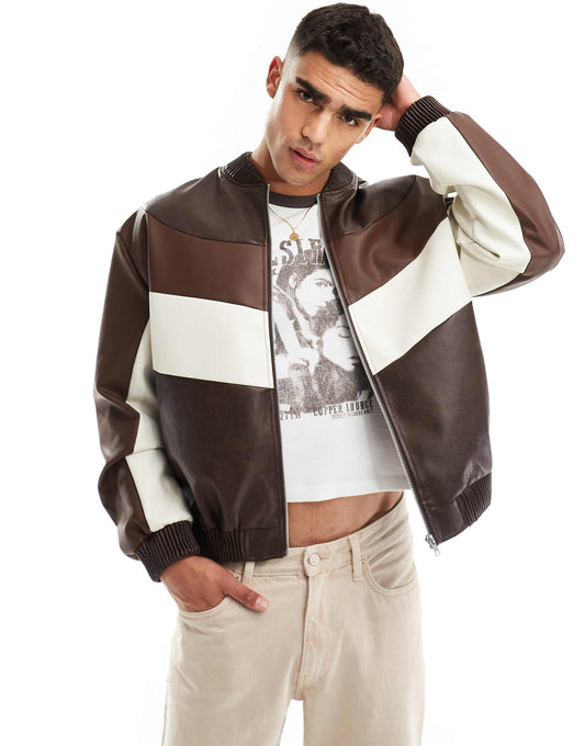 Oversized Faux Leather Cut And Sew Bomber Jacket