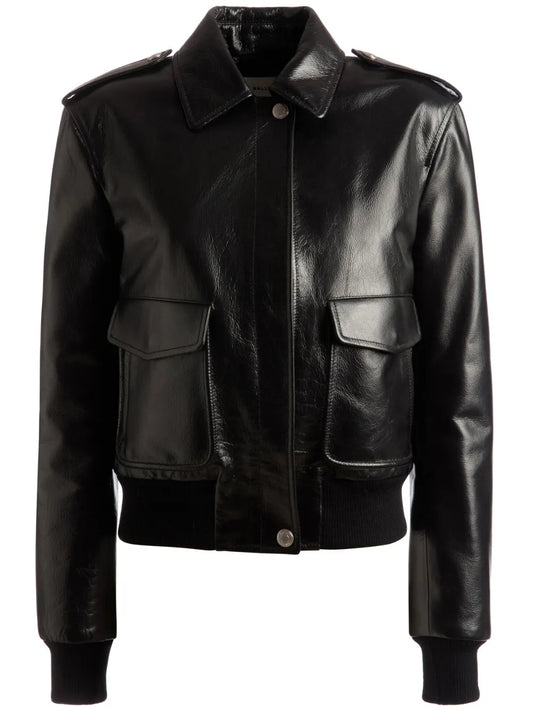 Cargo-Pockets Leather Bomber Jacket