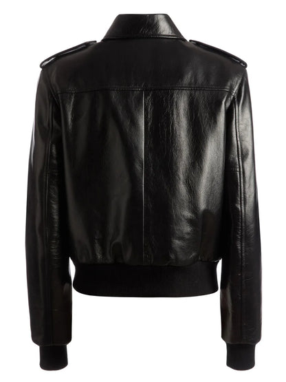 Cargo-Pockets Leather Bomber Jacket