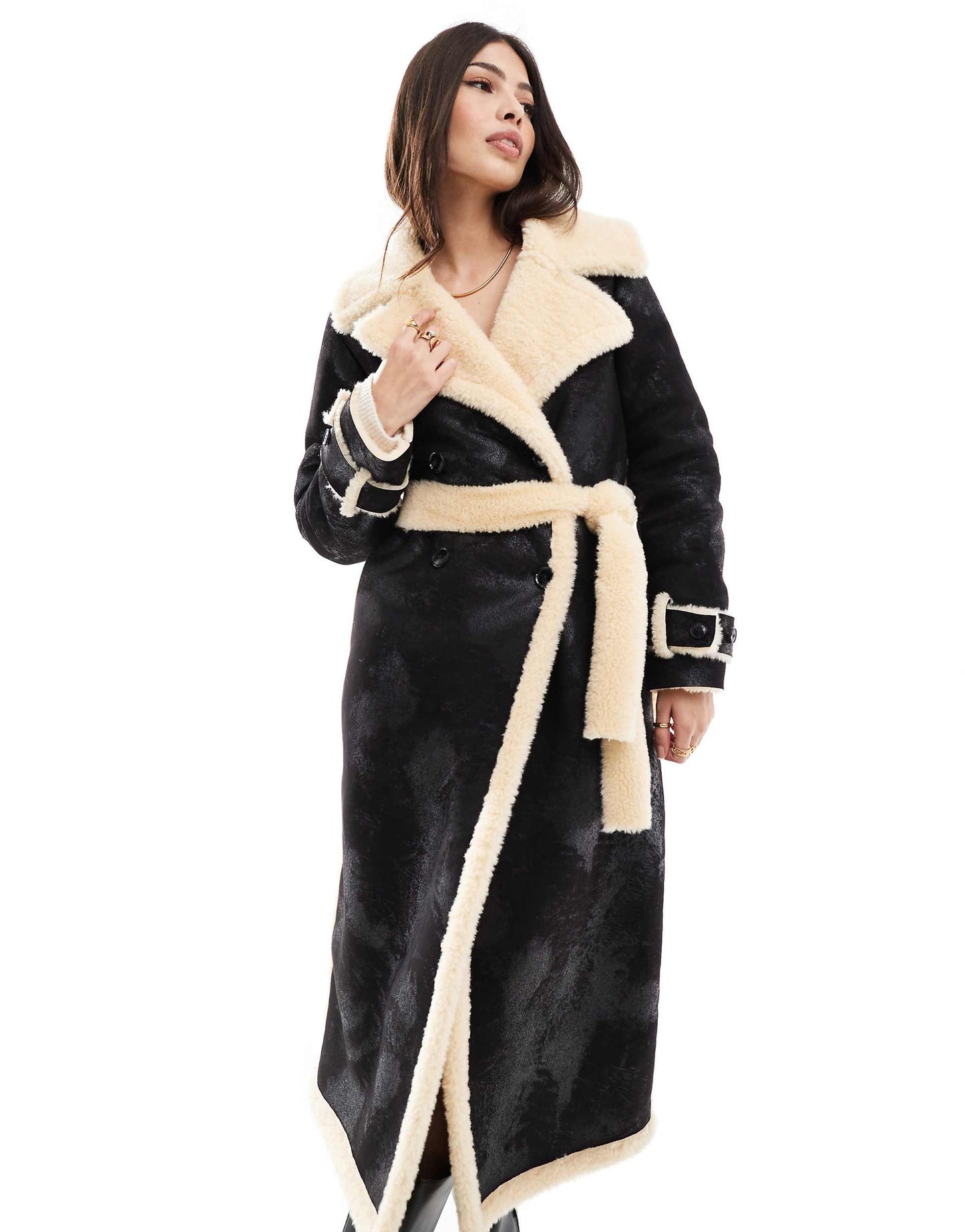 Borg Contrast Belted Maxi Wrap Coat