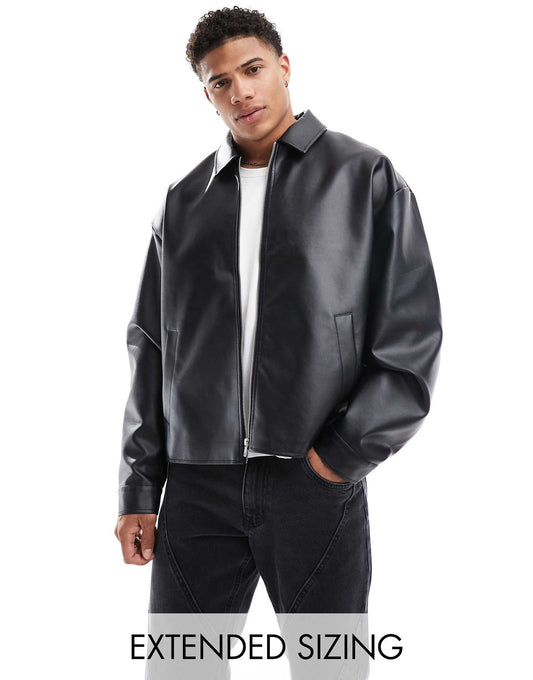 Faux Leather Boxy Oversized Harrington Jacket