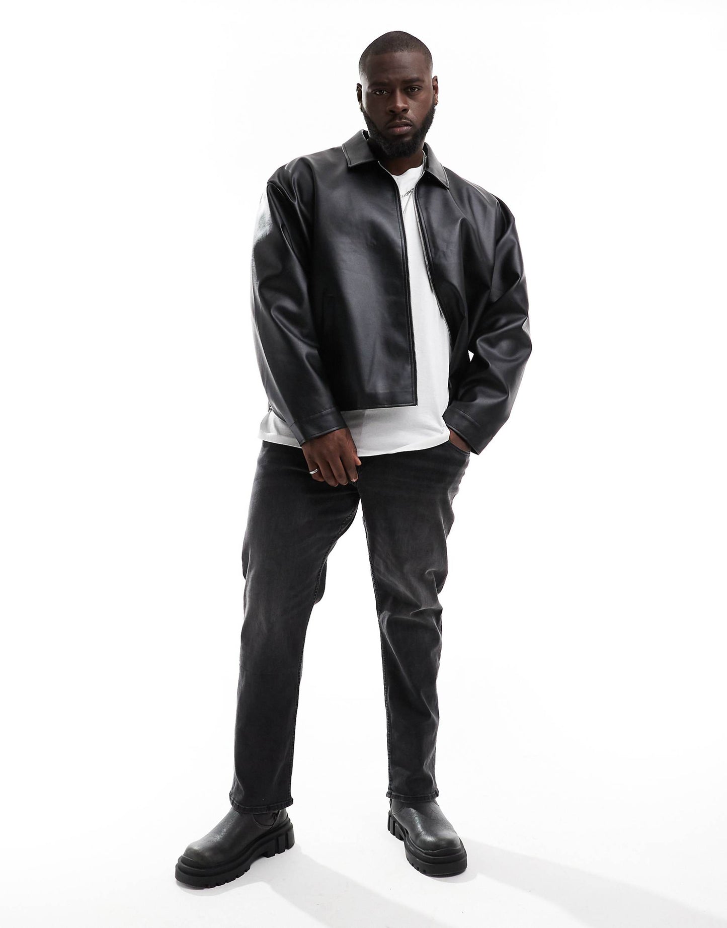Faux Leather Boxy Oversized Harrington Jacket