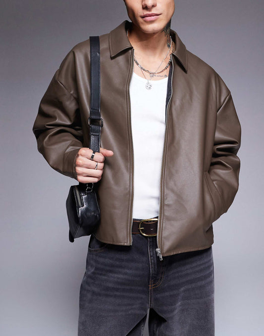 Boxy Oversized Faux Leather Harrington Jacket