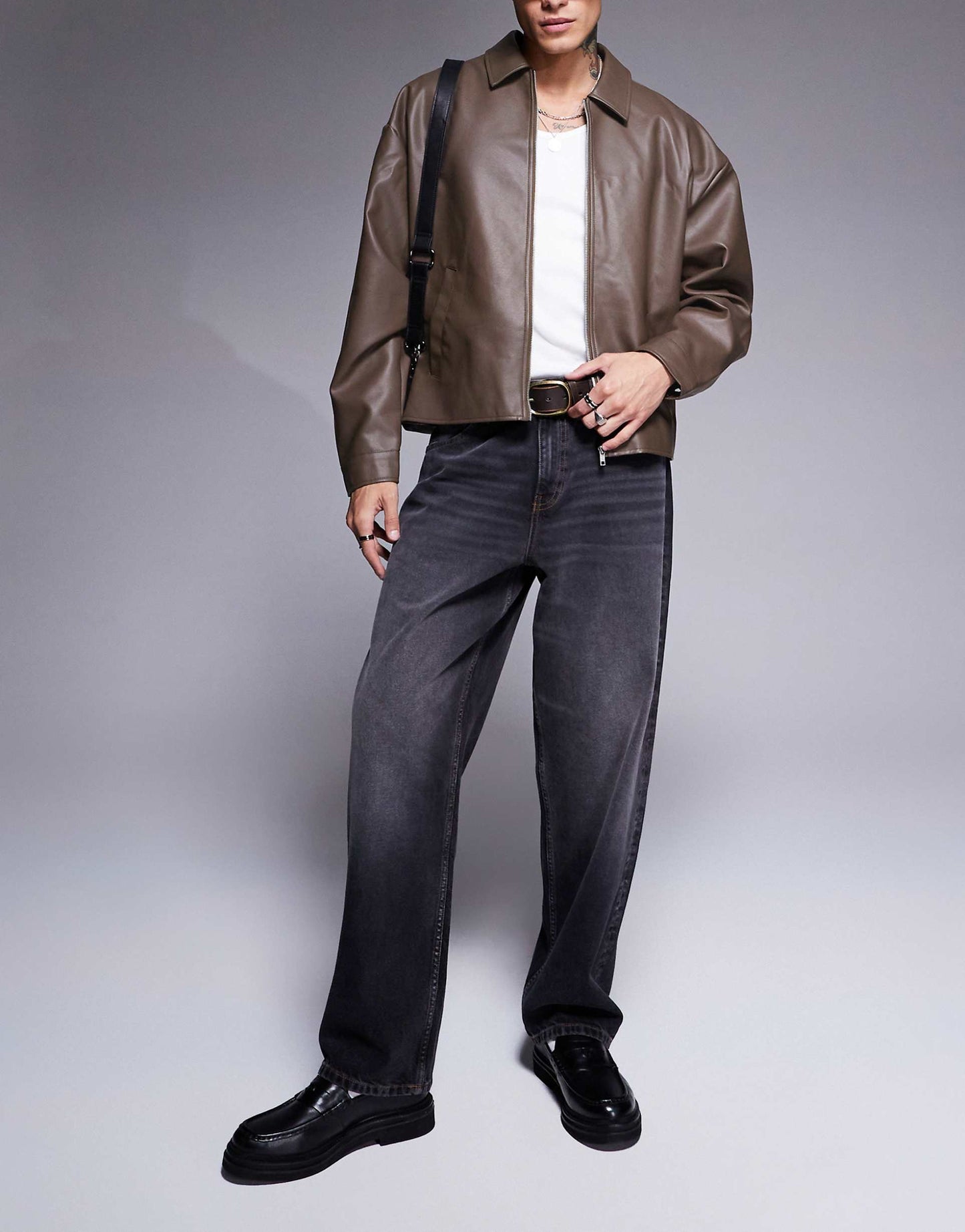 Boxy Oversized Faux Leather Harrington Jacket