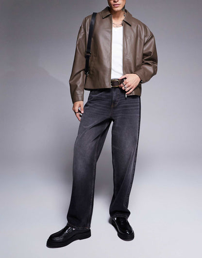 Boxy Oversized Faux Leather Harrington Jacket