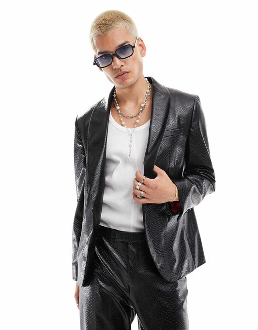 Faux Leather Slim Suit Jacket