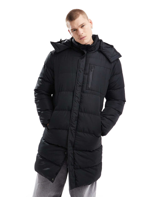 Longline Puffer Jacket With Detachable Hood