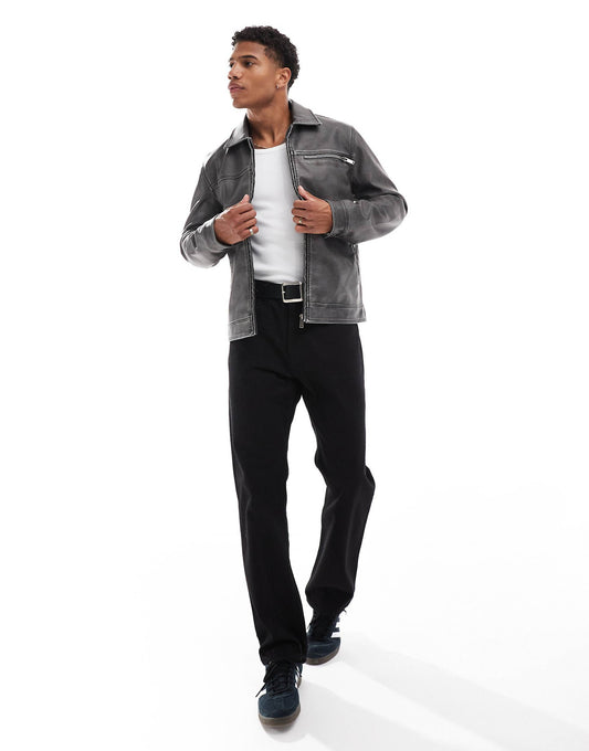 Distressed Faux Leather Full Zip Jacket
