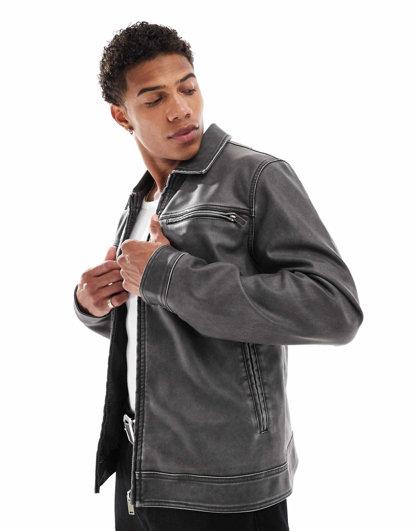 Distressed Faux Leather Full Zip Jacket