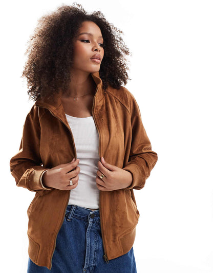 Faux Suede Funnel Neck Bomber Jacket
