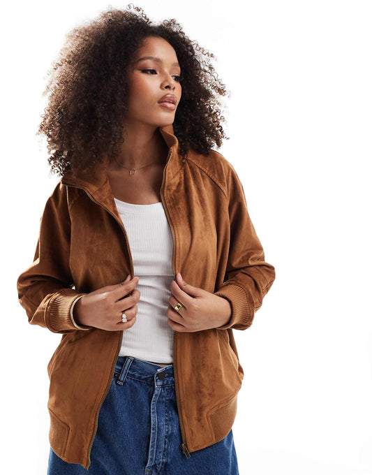 Faux Suede Funnel Neck Bomber Jacket
