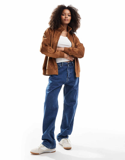Faux Suede Funnel Neck Bomber Jacket