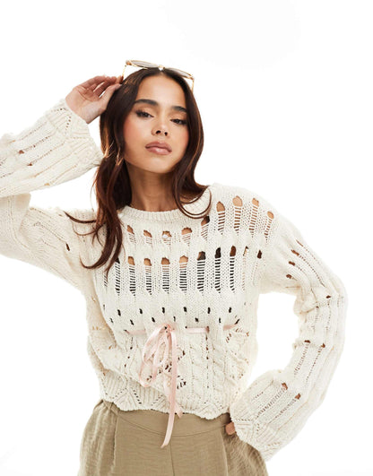Crochet Contrast Bow Detail Long Sleeve Jumper