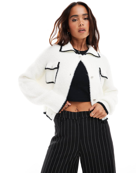 Lash Detail Tipped Button Through Collar Cardigan