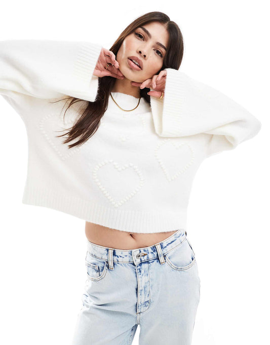 Textured Heart Detail Slash Neck Wide Sleeve Jumper