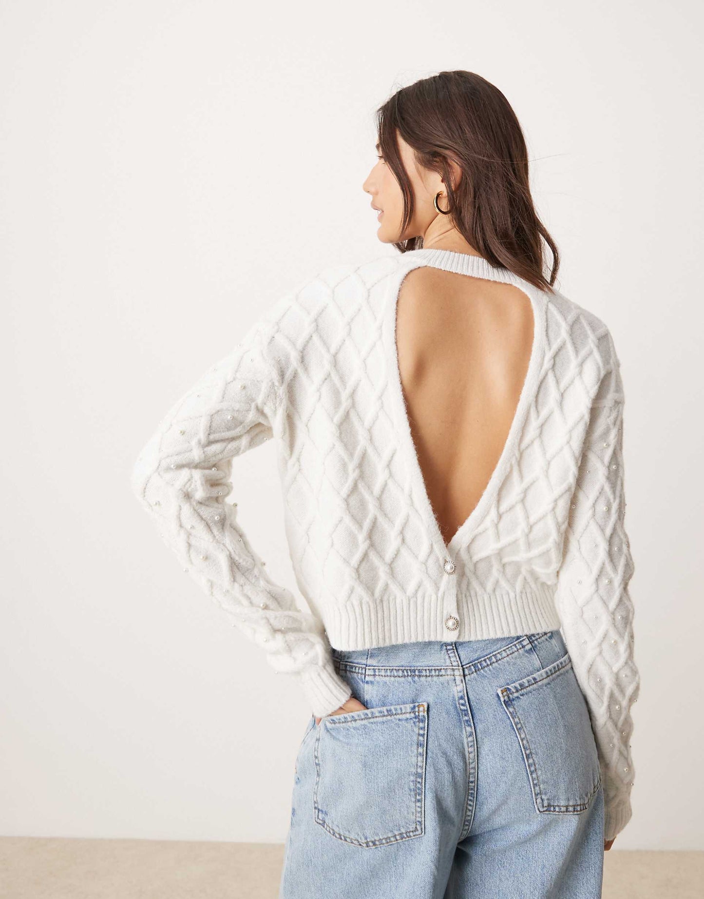 Faux Peal Cable Open Back Jumper