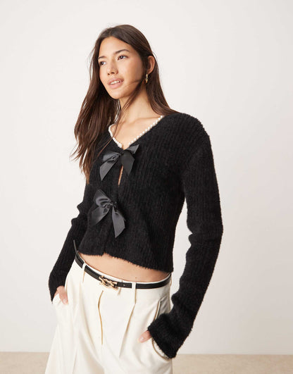 Faux Pearl Trim Bow Detail Lash Cardigan