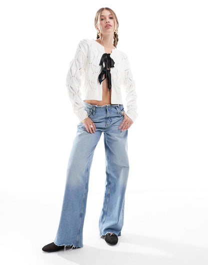 Satin Bow Detail Tie Front Textured Cardigan