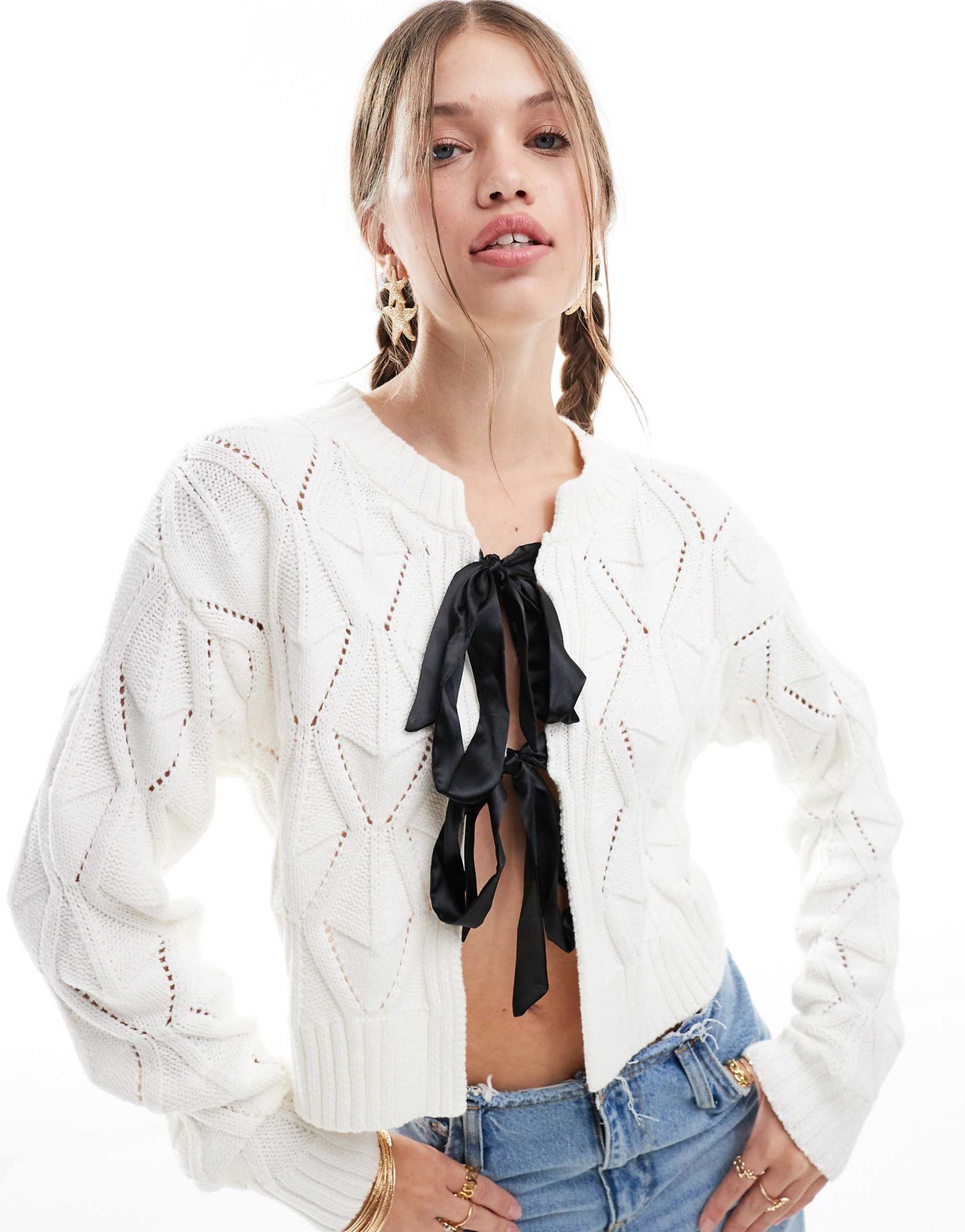 Satin Bow Detail Tie Front Textured Cardigan