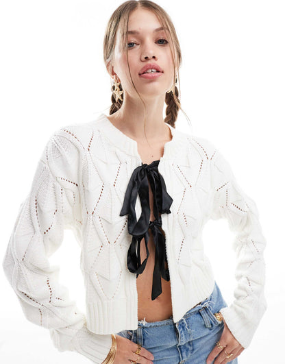 Satin Bow Detail Tie Front Textured Cardigan