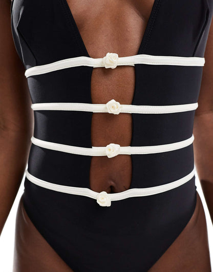 Plunge Cut Out Rose Detail Swimsuit