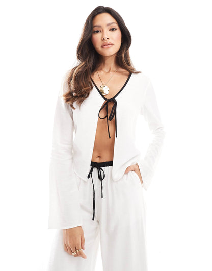 Linen Tie Front Contrast Trim Beach Shirt
