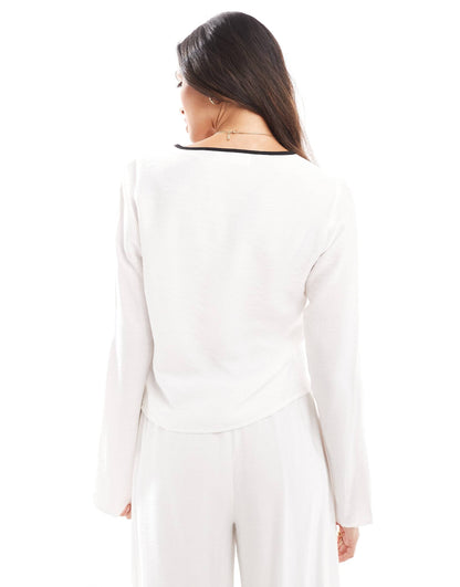 Linen Tie Front Contrast Trim Beach Shirt