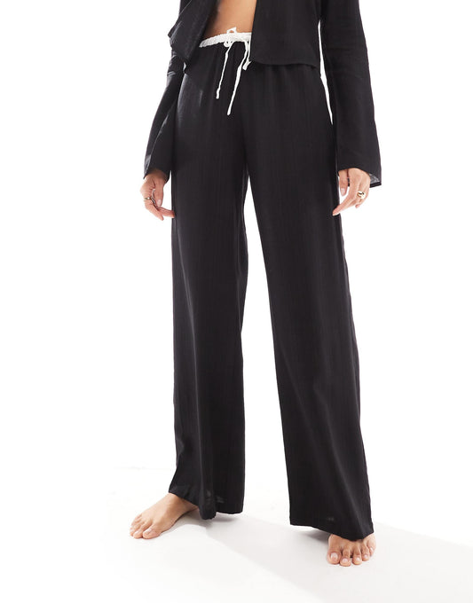 Linen Contrast Trim Wide Leg Drawstring Beach Trousers Co-Ord