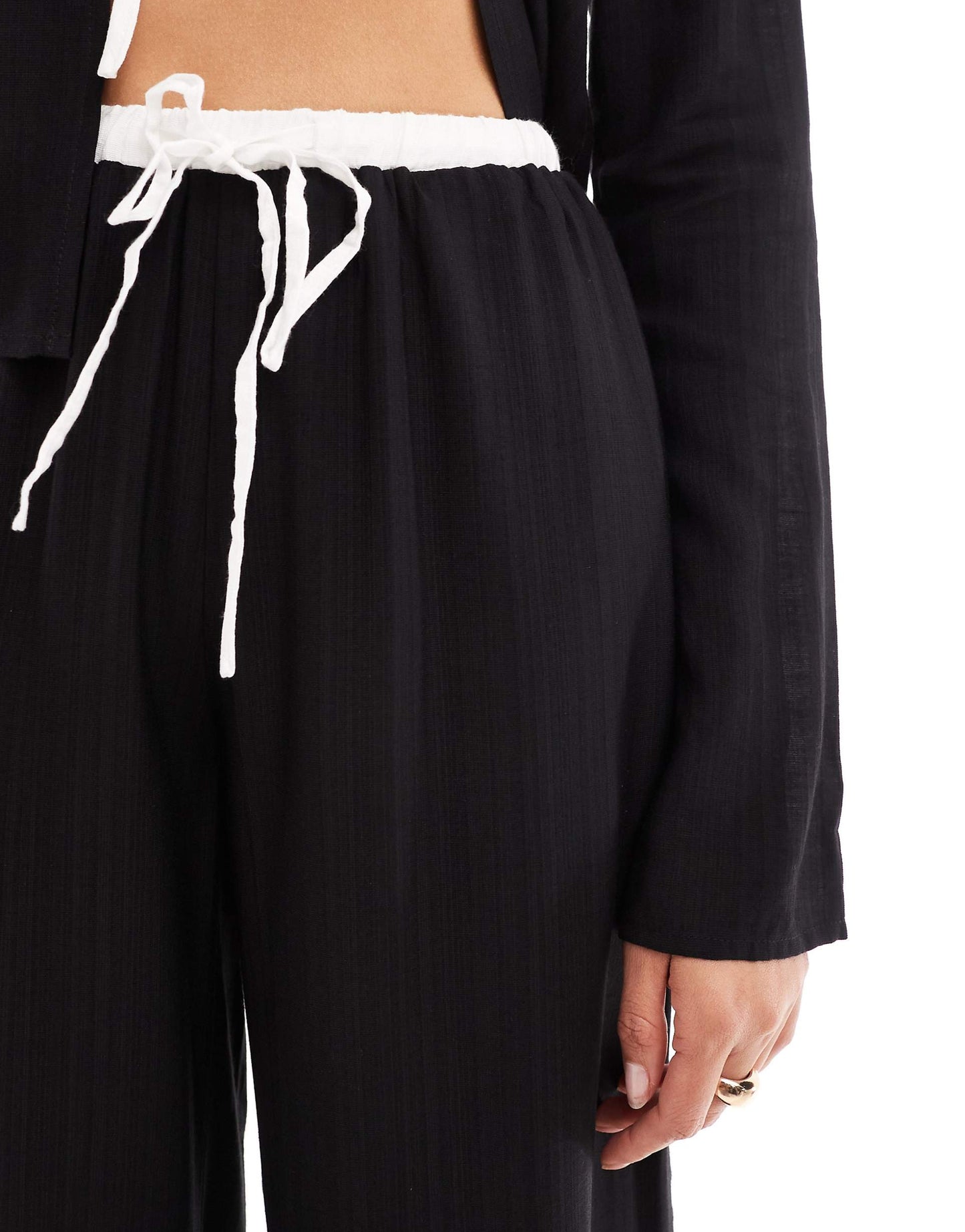 Linen Contrast Trim Wide Leg Drawstring Beach Trousers Co-Ord