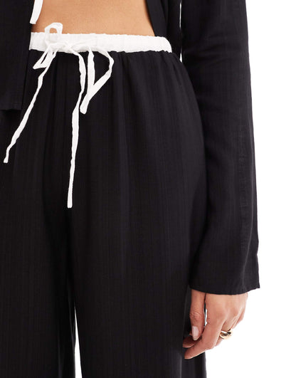 Linen Contrast Trim Wide Leg Drawstring Beach Trousers Co-Ord
