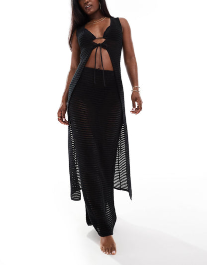Crochet Knit Tie Front Maxi Top Co-Ord