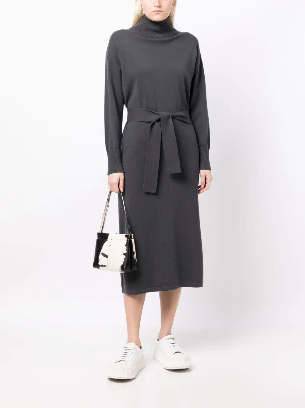 High-Neck Belted-Waist Dress