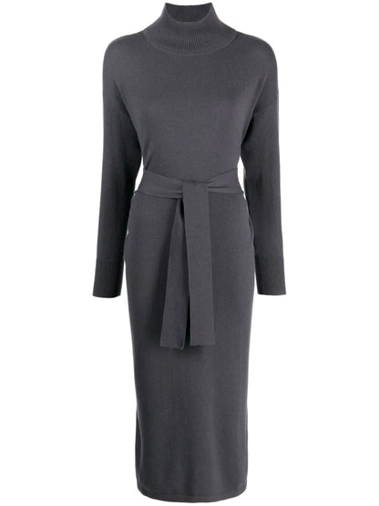 High-Neck Belted-Waist Dress