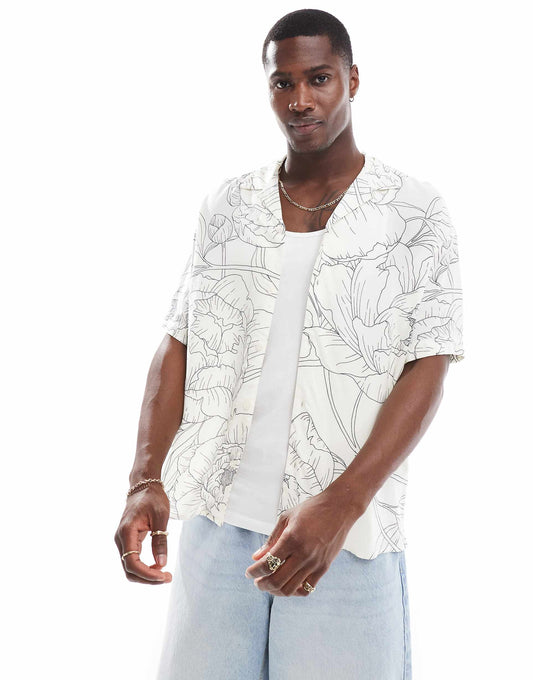 Oversized Revere Collar Floral Printed Shirt