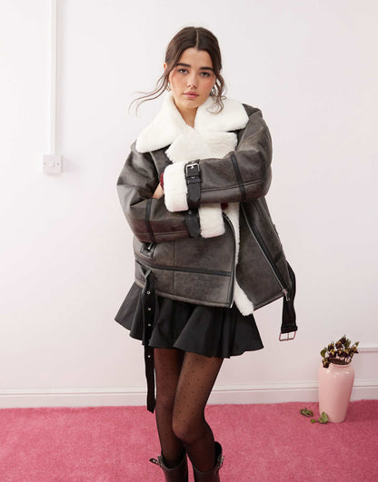 Distressed Faux Leather Contrast Aviator Jacket